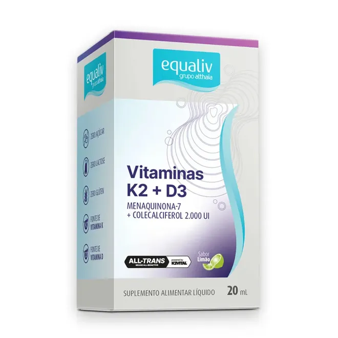 Vitaminas K2 80mcg + D3 2000UI Limão Equaliv 20ml
